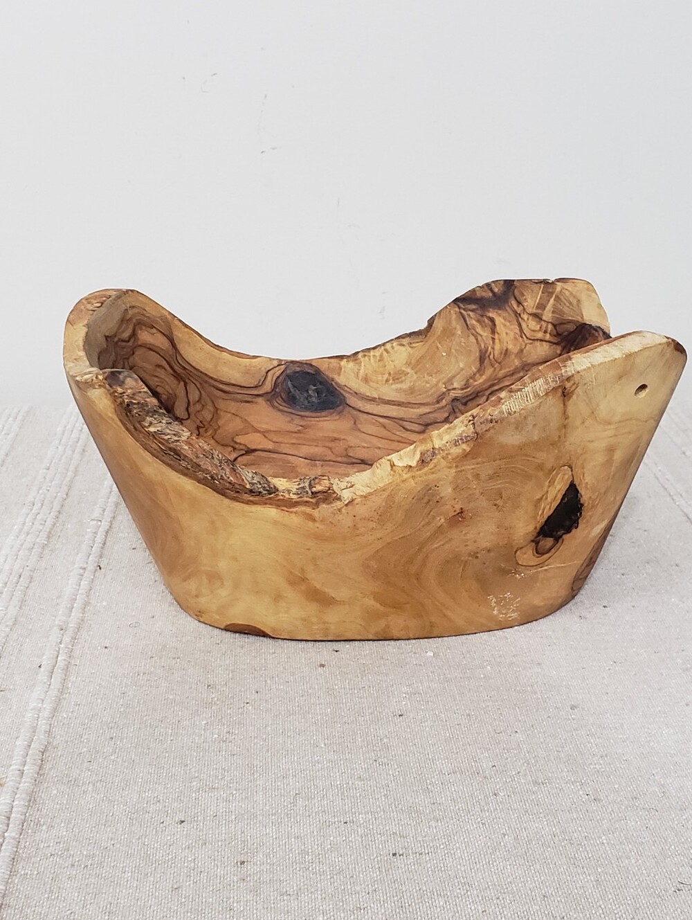 Rustic Hand-Carved Olive Wood Live Edge Freeform Bowl Centerpiece Catchall